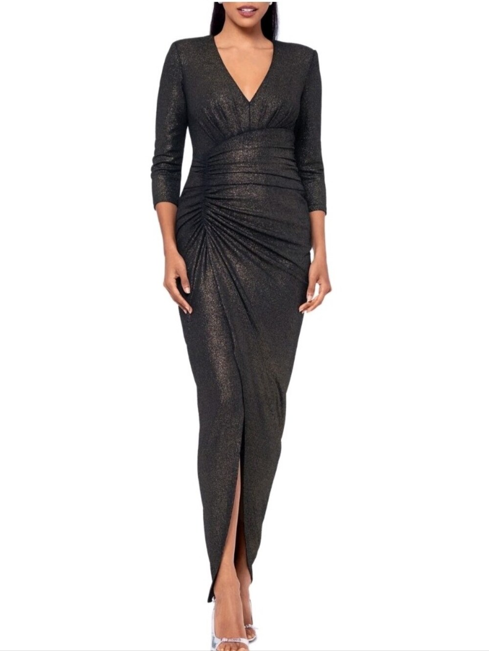 Xscape Petite Ruched Metallic Long-Sleeve Gown